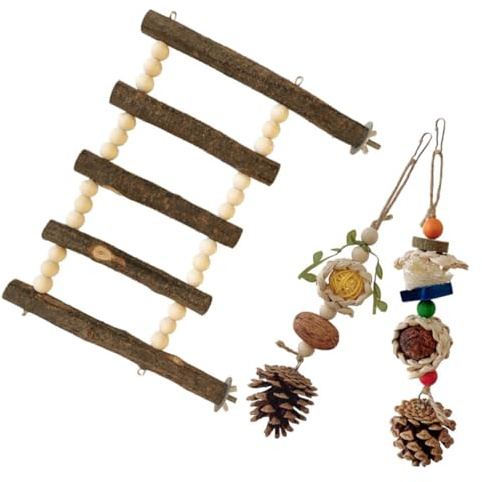 YARNOW 3 Stück Teiliges Vogelspielzeug aus Natürlichem Holz Stabiles Kauspielzeug mit Kletterleiter und Buntem Hängeelement Robustes Zubehör für Vogelkäfige zur Beschäftigung von