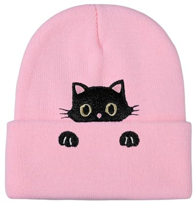 GWAWG Kattmössa dam vinter stickad varm mjuk elastisk mössa söt mössa dam flickor original gåva älskare katter mode höst halloween, rosa, One size