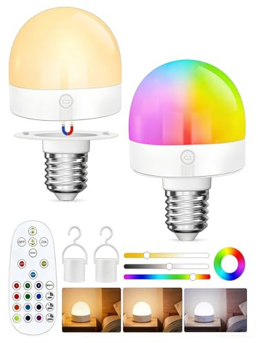Bombilla LED Recargable USB E27 con Mando, Regulable 2000mAh, 12 Colores RGB + 3 Temperaturas, Imán Integrado, Temporizador, Luz Inalámbrica para Lámparas de Mesa/Noche, Paquete,2 Piezas