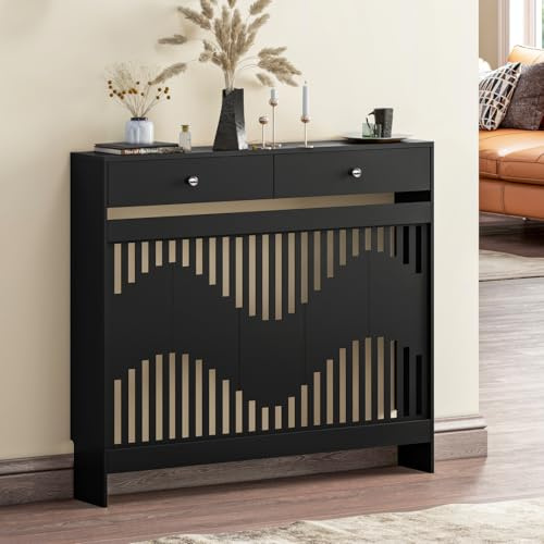 Luxstein Radiator Cover with Drawers, Black Wooden Radiator Shelf Pipe Covers Cabinet with Wavy Grill for Living Room Bedroom Hallway, 109Lx19Wx95Hcm