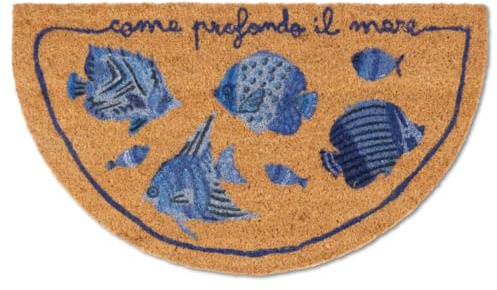 Le Tele di Margi Zerbino in Cocco Mezzaluna con Pesci Azzurri, 40x70 cm, Fibra Naturale con Fondo Antiscivolo in PVC, Setole 20mm