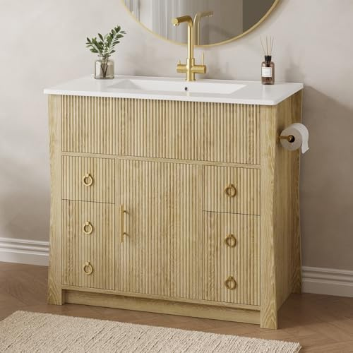 Yanosaku 36 Bathroom Vanity with Sink and Drain Pipe, Freestanding Fluted Bathroom Sink Cabinet with 4 Drawers & 1 Door, Farmhouse Vanity Sink Cabinet for Bathroom, Natural Oak