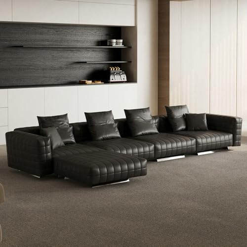 Nordisk lyxig modern minimalistisk svart lädersoffa, massiv träram, rymlig och mjuk soffa, modern stor storlek, lämplig för vardagsrum/kontor/villa.