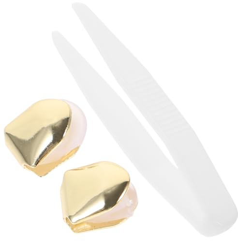 Goldene Zahnkappen Grills 2 Stück aus Messing für Erwachsene | Einzelzahn Design, Goldfarben, für Halloween Kostüm und Videoaufnahmen, Zahnschmuck im Hip Hop Stil