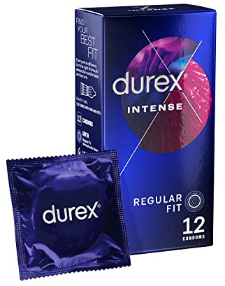 Durex Feel Intense, 12 Condoms, Ribbed & Dotted, Pre Lubricated | Ribbed & Dotted, Desirex Gel for Enhanced Vaginal Stimulation, Regular Fit Condoms, Speed Her Up, Easy On, Teat Ended