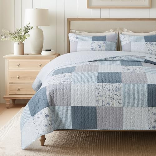SLPR Coastal Dream Baumwoll-Bettwäsche-Set, Patchwork-Bettwäsche, Doppelbett mit 1 Kissenbezug | Lila und Blau Patch Arbeit gesteppte Tagesdecke Bauernhaus Landhausstil Schmusetuch weich Ganzjahres Vintage Stück Bettwäsche