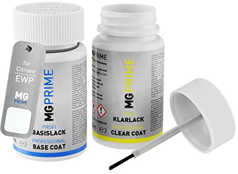 MG PRIME Autolack Lackstift für Citroen EWP Blanc Banquise + Klarlack | Polar Weiss, Set aus Basislack + Klarlack, Lackfläschchen mit Pinsel, je 50ml
