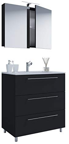 VCM 3-TLG. Stand Waschplatz Waschtisch Badmöbel Set Waschbecken Badinos Schublade Spiegel 60, Schwarz