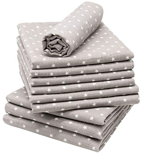 ZOLLNER 10er Set Musselin Spucktücher in 80x80 cm aus Baumwolle - hautfreundliche Mulltücher mit süßen Sternen - besonders weich und saugstark - waschbar bis 60°C - in grau