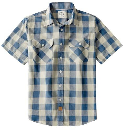 Dubinik® Camisas de manga corta con botones para hombre, 100 % algodón, a cuadros, camisas informales con botones y bolsillo, Rejilla azul y blanca., X-Large