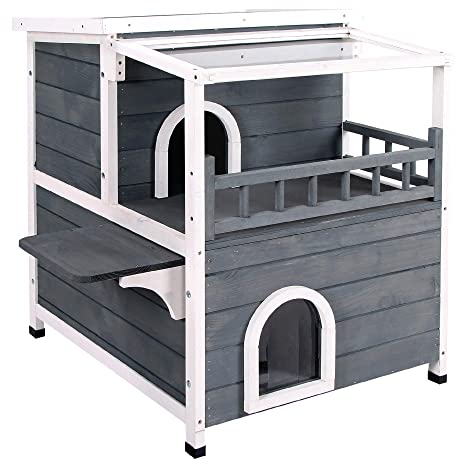 Lovupet Katzenhaus aus Holz Draußen, Katzenhütte für Indoor Outdoor Wetterfest, 2-stöckiges Katzen Haus mit Balkon und 2 Türen, Katzenhöhle für 1-2 Katzen, 64 x 66 x 76 cm, 0509EY (Grau)