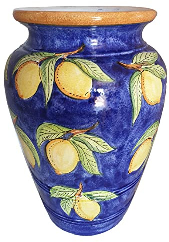 Generico Portaombrelli Giara Blu con Limoni in Ceramica di Vietri Dipinta a Mano, Altezza 50 cm, Diametro Pancia 34 cm, Anfora Maiolica Terracotta per Giardinaggio, Made in Italy