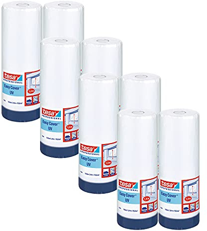 tesa Easy Cover 4369 UV Malerband mit Folie, 8er-Pack - 14 m x 1,4 m - Blau | UV-beständiges Abklebeband für Malerarbeiten im Außenbereich - 2-in-1 Set mit Malerkrepp aus Gewebeband und Malerfolie