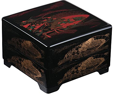 Boîte à bento japonaise traditionnelle Jyubako fabriquée au Japon, éventail doré, 21,3 x 21,3 x 15 cm