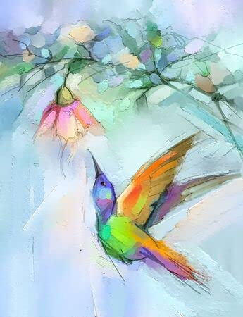 adrium Acryl-Bild 40 x 50 cm: Abstraktes buntes Öl, Acrylmalerei des Vogels (Kolibri) und der Frühlingsblume.(144991629)