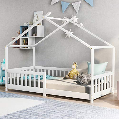 ADIBY Kinderbett Hausbett 200x90 cm Schönes Hausbett Kinder Hausbett aus Kiefer Holz Vollholz mit Zaun und Lattenrost mit Rausfallschutz Holzbett Bett für Kinder- und Jugendzimmer,Weiß