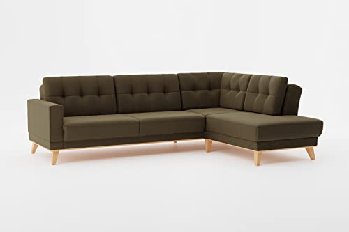CAVADORE Ecksofa Lima mit Ottomane / L-Form-Couch mit Wellenfederung, Holzrahmen + Steppung im Rücken / Strukturstoff, Grün