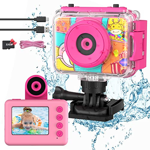 Cámara Fotos Infantil, Ushining Cámara para Niños Impermeable, 12MP HD 1080P Videocámara de Acción Subacuática Niños con Pantalla de 2,0 Pulgadas Tarjeta de 32GB TF, Regalo para Niños 3-12 Años, Rosa