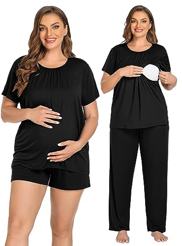 SWOMOG Women 3Pcs Maternity Pajama Set Nursing Pjs Pregnancy Set Breastfeeding Pjs Double Layer with Pockets Black XX-Large