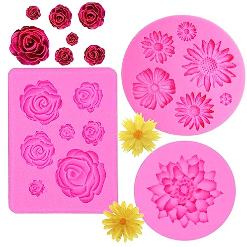 TCPENG 3-Piece Silicone Mould Set - Chocolate Rose, Daisy & 3D Flower Icing Moulds for Fondant, Wax Melts, Baking, Soap & Candy