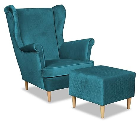 Family Meble Ohrensessel mit Hocker, Modell Angelo, Skandinavisch, Relaxsessel aus Webstoff, Loungesessel, Ohrensessel mit Hocker, Bequemer Sessel, Für Wohnzimmer, Esszimmer, Schlafzimmer, Türkis