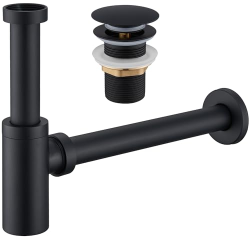 Ulytid Sifone Lavabo Bagno Nero Opaco, Completo di Piletta Click Clack, Universale Sifone Antiodore Regolabile in Altezza con Apertura di Pulizia, Piletta Lavabo Bagno per Lavabo senza Troppopieno