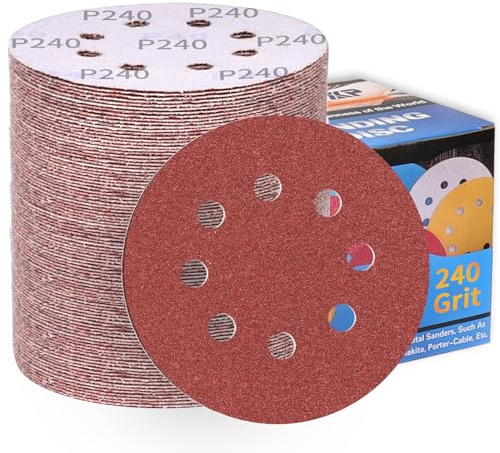 ALPXUXP Disques abrasifs 125 mm Papier abrasif grain 240 8 trous, revêtement abrasif antiadhésif pour ponceuse orbitale aléatoire excentrique (100 pièces)