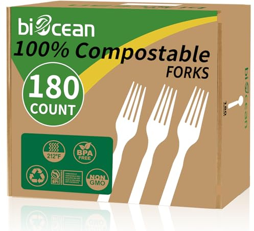 Biocean 100% Compostable Forks 180 Count Disposable Forks bulk Utensils Set Heavy Duty Fork Silverware Eco Friendly Flatware for Party Camping Picnics Wedding-Ivory White