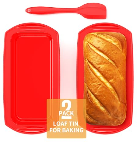 Ankway Set di 2 stampi rettangolari in silicone con raschietto per pasta, in silicone, per torte e pane, 28 x 14,3 x 6,3 cm, rosso