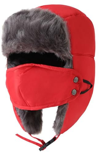 Reyox Unisex Fliegermütze Winter Fellimitat Ushanka Trappermütze Winddicht mit Abnehmbarer Gesichtsmaske Rot