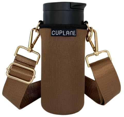 CUPLANE Becherhalter zum Umhängen - Set mit Thermobecher (350ml) Braun | Crossbody | Travel | Hund | Coffee ToGo | Thermobecher | Kinderwagen