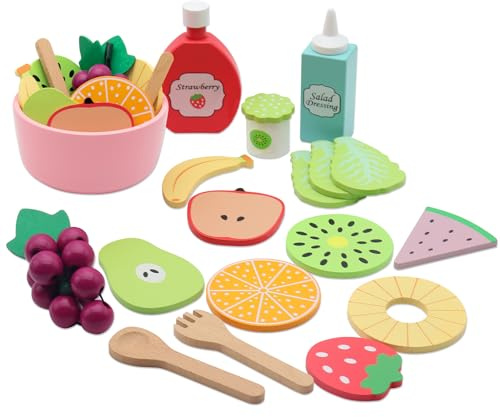 RZMZBY Kinderküche Zubehör aus Holz 18 Stücke Spielküche Zubehör Lebensmittel Spielzeug mit Obst Gemüse Geschirr Kochen Lebensmittel Simulation Bildungs und Farbe Wahrnehmung für Jungen Mädchen