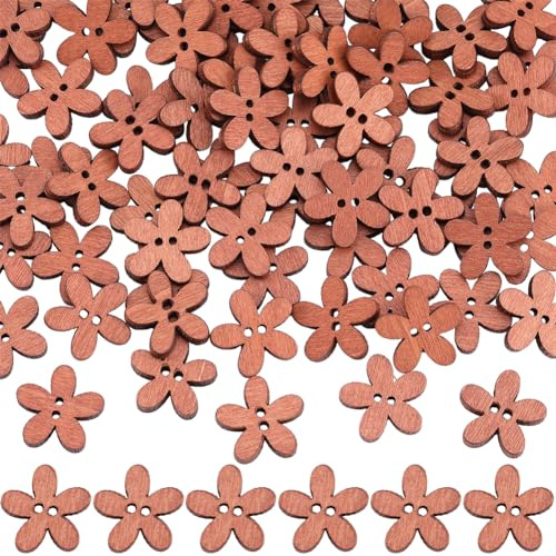 GORGECRAFT 100 Stück Holzknöpfe In Vintage-Blumenform 2 Löcher Dekorativer Nähknopf Klein Mini Rustikal Blumen-Holzknöpfe Für Kleidung Basteln Puppen Ornamente Scrapbooking Antikbraun 20x20.5 mm