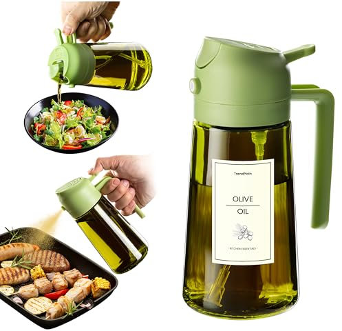 TrendPlain Spruzzino Olio per Friggitrice Aria 470ml, Dosatore Olio 2 in 1, Oliera Spray per Cucina, Insalata e Aceto, Accessori Cucina con Etichette e Protezione dalla Luce - Verde