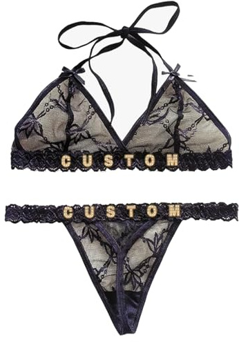 BeNsil Personnalisé Sexy Dentelle Lettres G-String String,Culotte Personnalisée avec Nom,Personnalisé Culotte Femmes String Cristal Lettre Nom,String personnalisé Bikini Sexy