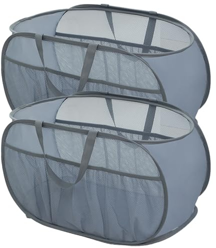 2er Pop Up Wäschekorb 36 * 36 * 58 cm Klappbar Mit Griff Faltbarer Wäschekorb Mesh Aufbewahrungskorb Laundry Basket für Kinderzimmer Camping Und Reisen (grau mit Mehrere Taschen)