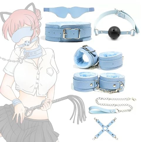Hmxseu BDSM set mit 7 Stück SM Bett Sets Bondage-Set Augenmaske Fesseln Handschellen Fußfesseln Fetisch Sex Spielzeug Fessel-Set für Paare Extremer Sex Liebhaber Einsteiger (Hell-Blau)