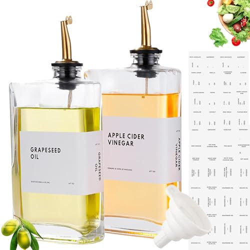 Janxin 2 Pieces Vinegar Oil Bottle Set, Olive Oil Dispenser Bottle for Kitchen, Oil Dispenser Glass, Cooking Oil Dispenser, Oil Dispenser 350 ml, Square, Modern Kitchen Decoration, 36 Labels (Gold)