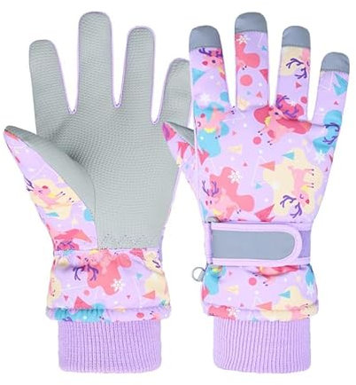 HNGEMSY Handschuhe Kinder Winter Schneehandschuhe Skihandschuhe für 2-13 Jahre Mädchen Jungen PU Palme Wasserdicht Winddichte Warm Fleece Winterhandschuhe (lila-rehbraun, S)