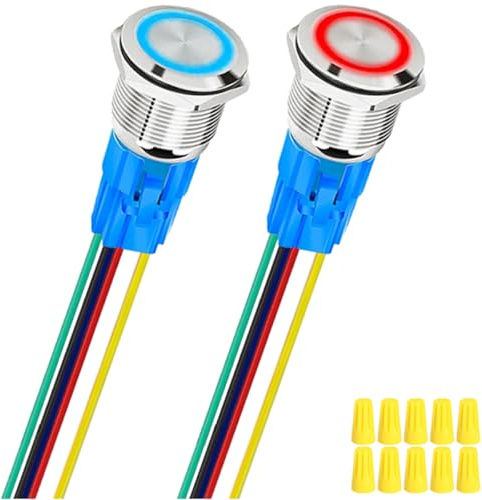 MKBKLLJY Interruttore a pulsante autobloccante da 16 mm, DC 12 V, 5 A, impermeabile, rosso/blu, anello LED per foro di montaggio da 0,63 con tappo di cablaggio per auto