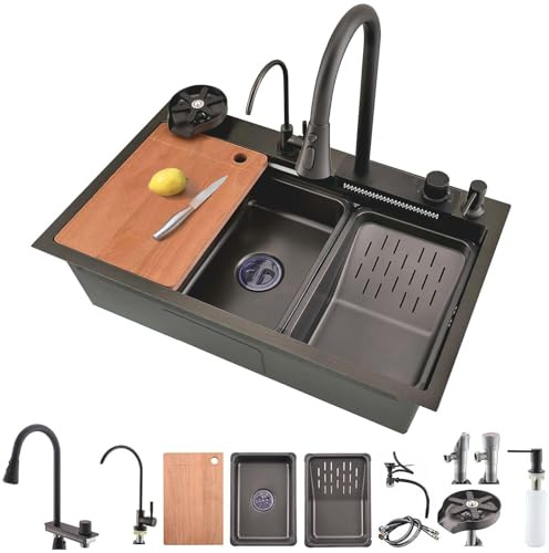 Bokaiya Black Kitchen Sink, 85x45x21cm, Multifunction Waterfall, Raindance Professional Countertop Single Bowl Kitchen Sink Stainless Steel Washbasin with High Pressure Pull-Out Faucet
