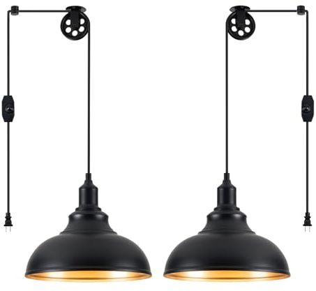 ALAISLYC Black Pendant Light Hanging Lamps for Living Room Plug in 15FT Dimmable Switch Adjustable Pulley Hanging Lights with Cord for Kitchen Bedroom 2 Pack