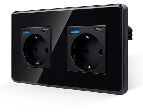 JIMEIDA Doppelsteckdose Schwarz Unterputz,Glas Platte 16Amp Schuko Steckdosen mit USB-A und Typ-C Port 2.1A Wandsteckdose 157 * 86mm,250V