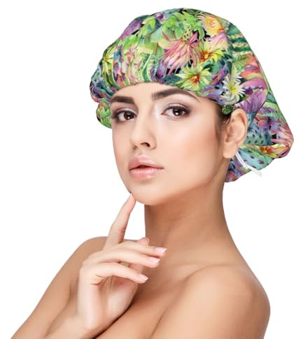 Watercolor Blooming Cactus Satin Silk Bonnet for Sleeping Women, Double Layer Adjustable Satin Hair Bonnet Night Sleep Cap for Curly Hair