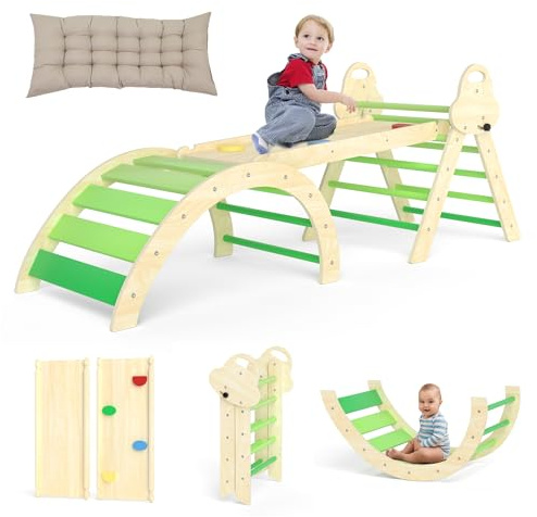 Puecrof Triangolo da Arrampicata Montessori 7 in 1 con Cuscino, Giocattolo da Arrampicata in Legno per Bambini da 1 a 3 Anni, Arco per Arrampicata Indoor con Scivolo, Scala e Arco da Gioco (Verde)