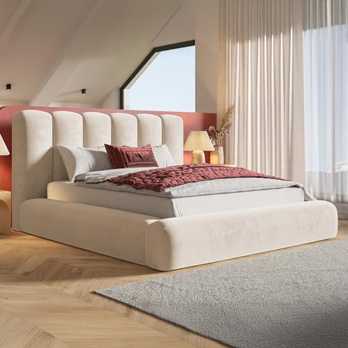 MOTIVENA Tolie Bubble Bett 160x200 Beige Samt, mit Stauraum, mit Kopfteil, mit Lattenrost, ohne Füße, ohne Matratze, Bubble Polsterbett 160x200 mit Bettkasten Beige (Creme)