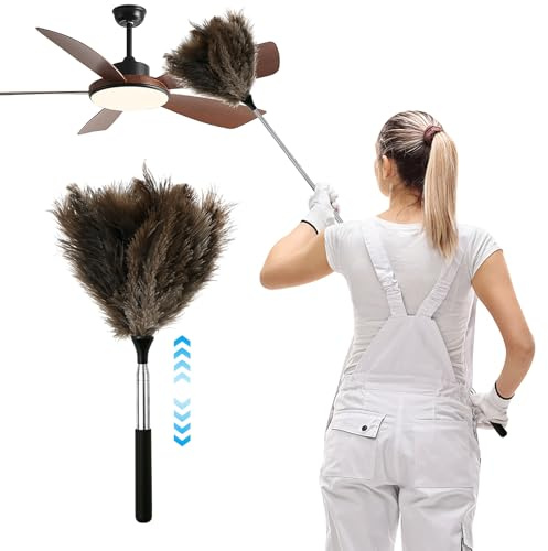 Strauß Staubwedel mit Edelstahl Teleskopgriff 40-110cm, Staubwedel mit Straußenfedern Stabil rutschfest, zum Reinigen Toten Ecken Wänden Deckenventilatoren Sofas Decken Autos (Schwarz 116cm)