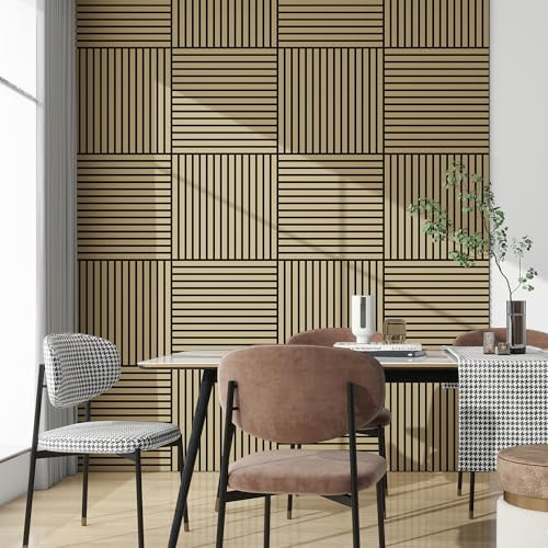 NEU.HOLZ Lot de 16 Panneaux Acoustiques Muraux et pour Plafond à Lamelles Droites Isolation Sonore Style Scandinave Installation Facile Chambre Salon Studio MDF 5,76 m² 60 x 60 cm Effet Chêne