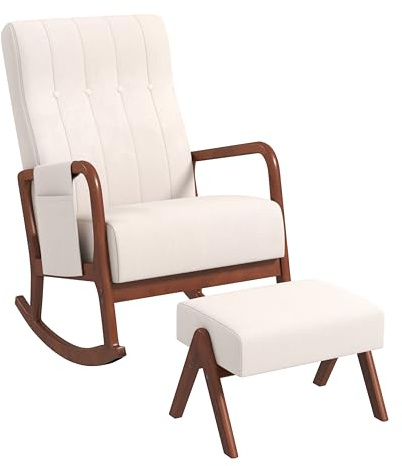GIANTEX Schaukelstuhl Holz, Schaukelsessel mit Hocker, gebogener Rücken, Armlehnen & abnehmbare Seitentasche, gepolsterter Schwingsessel für Wohnzimmer & Schlafzimmer, Belastbarkeit 150 kg