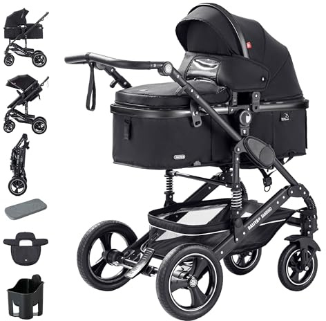 Daliya® BAMBIMO 2in1 Kinderwagen | Kombikinderwagen mit Aluminium-Gestell & Federung | Umbaubar zum Buggy | Wenderichtung beidseitig | Klappbar & platzsparend | Airless-Räder (Schwarz - Rahmen S)